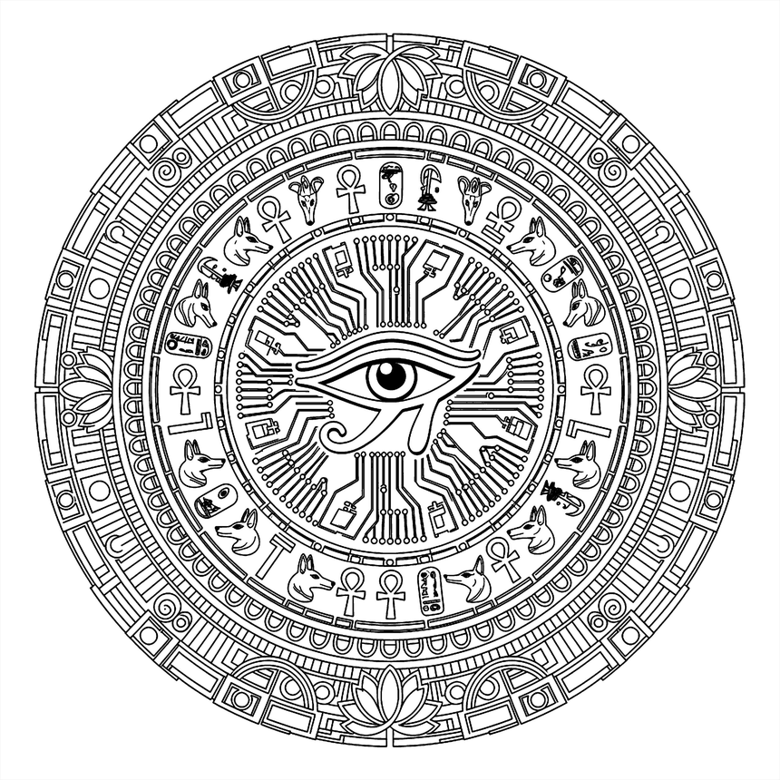 Inbox Zero-Day — an Eye of Anubis mandala of circuitry, glyphs and jackals