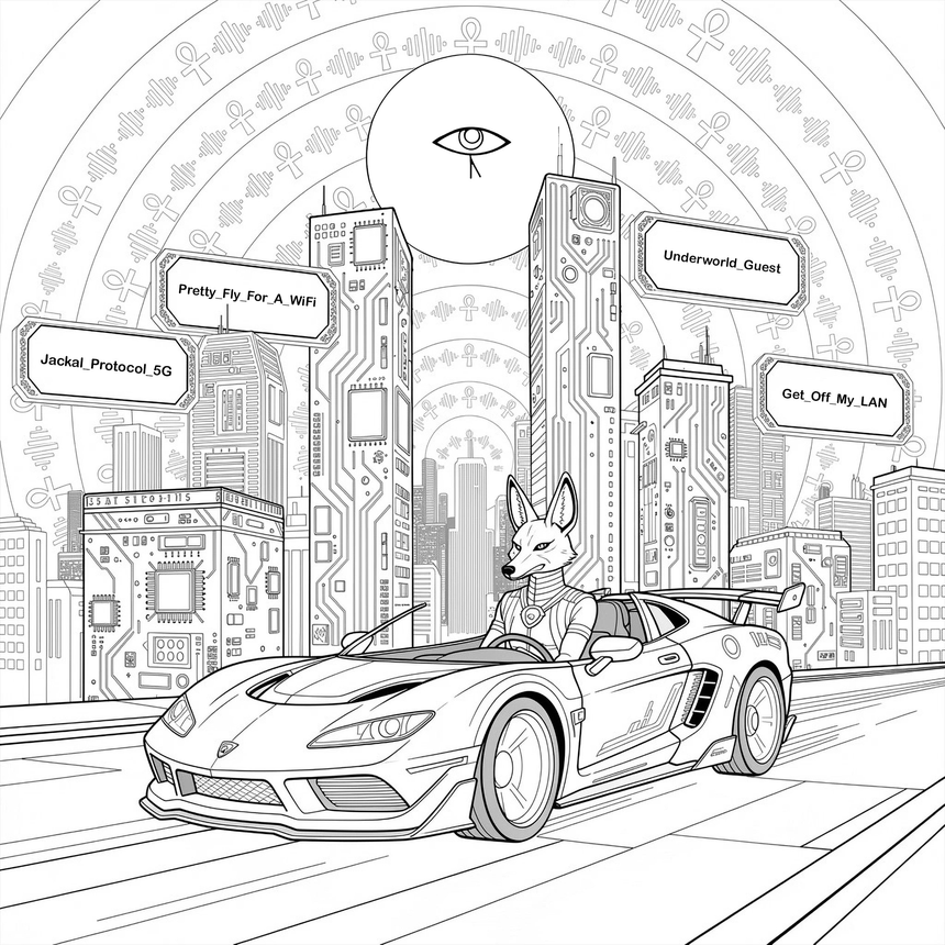 Wardrive of the Dead — a jackal driving a circuit-board city, signals carrying SSIDs